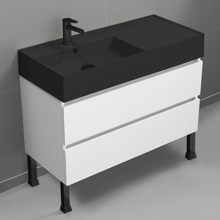 Nameeks BLOCK76 Bathroom Vanity with Matte Black Sink, Floor Standing, 40 Inch, Glossy White